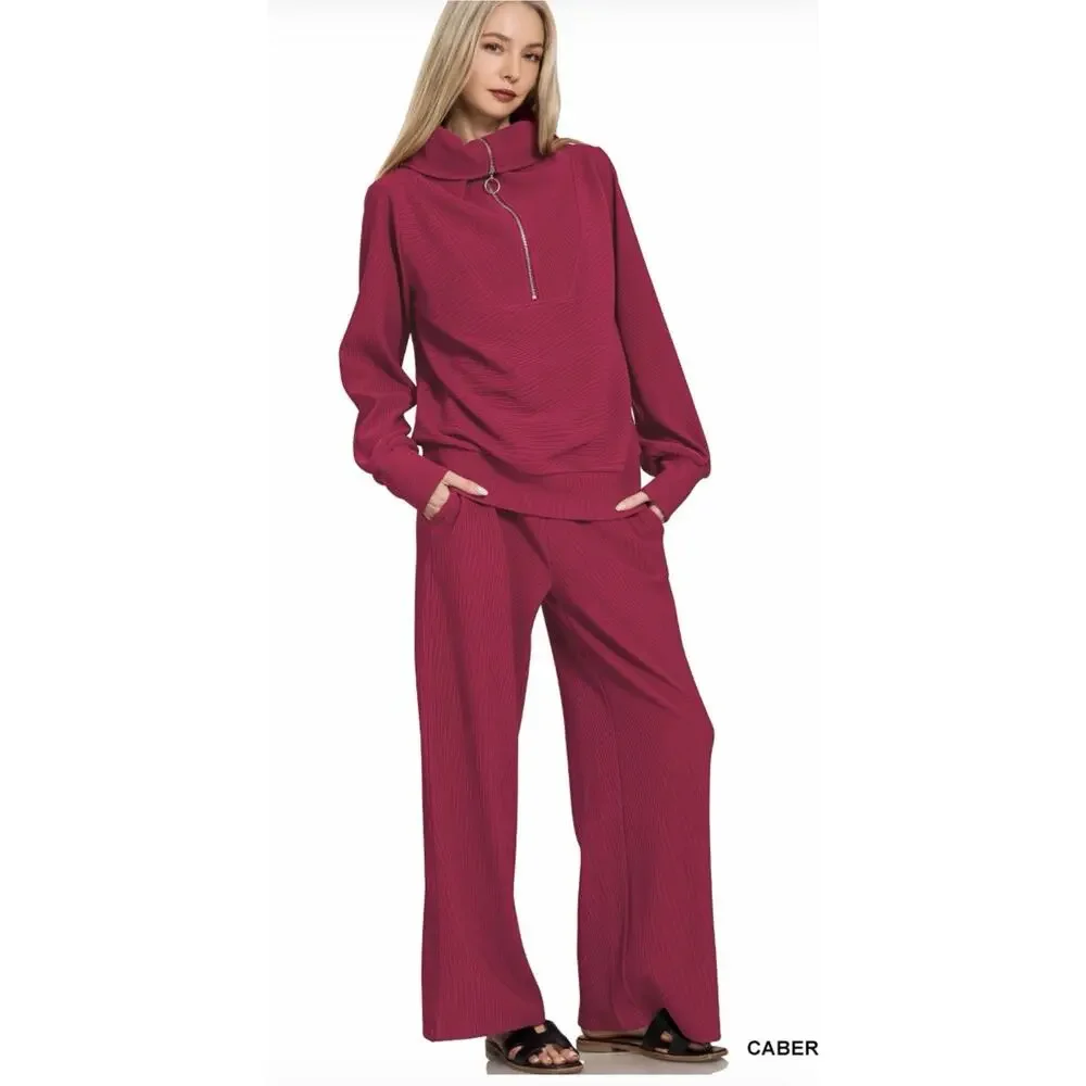 Zenana Ribbed Wide Leg Pants Set